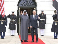 US President Joe Biden greets His Highness President Sheikh Mohamed bin Zayed Al Nahyan of the United Arab Emirates on the South Lawn of the...