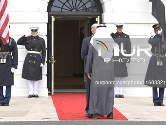 US President Joe Biden greets His Highness President Sheikh Mohamed bin Zayed Al Nahyan of the United Arab Emirates on the South Lawn of the...