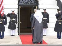 US President Joe Biden greets His Highness President Sheikh Mohamed bin Zayed Al Nahyan of the United Arab Emirates on the South Lawn of the...