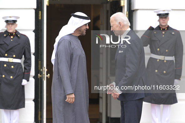 US President Joe Biden greets His Highness President Sheikh Mohamed bin Zayed Al Nahyan of the United Arab Emirates on the South Lawn of the...