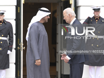 US President Joe Biden greets His Highness President Sheikh Mohamed bin Zayed Al Nahyan of the United Arab Emirates on the South Lawn of the...