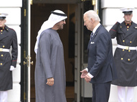 US President Joe Biden greets His Highness President Sheikh Mohamed bin Zayed Al Nahyan of the United Arab Emirates on the South Lawn of the...