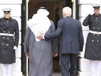 US President Joe Biden greets His Highness President Sheikh Mohamed bin Zayed Al Nahyan of the United Arab Emirates on the South Lawn of the...