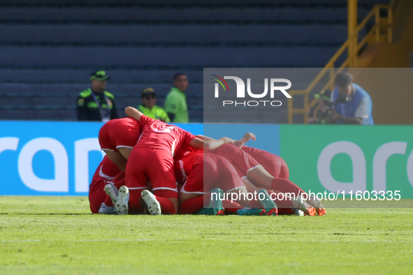 Players of Korea DPR celebrate a goal during the FIFA U-20 Women's World Cup Colombia 2024 final match between Korea DPR and Japan at El Cam...