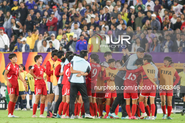 Players of Korea DPR celebrate after winning the FIFA U-20 Women's World Cup Colombia 2024 Final match between Korea DPR and Japan at Estadi...