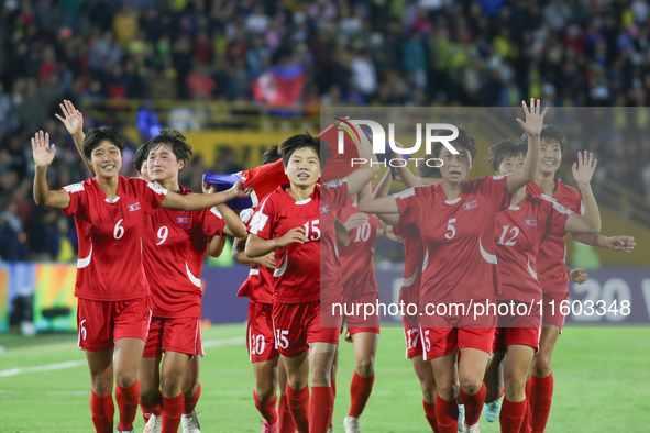 Players of Korea DPR celebrate after winning the FIFA U-20 Women's World Cup Colombia 2024 Final match between Korea DPR and Japan at Estadi...