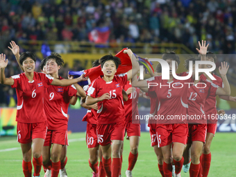 Players of Korea DPR celebrate after winning the FIFA U-20 Women's World Cup Colombia 2024 Final match between Korea DPR and Japan at Estadi...