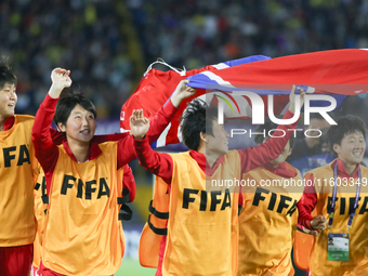 Players of Korea DPR celebrate after winning the FIFA U-20 Women's World Cup Colombia 2024 Final match between Korea DPR and Japan at Estadi...