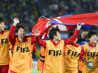 Players of Korea DPR celebrate after winning the FIFA U-20 Women's World Cup Colombia 2024 Final match between Korea DPR and Japan at Estadi...