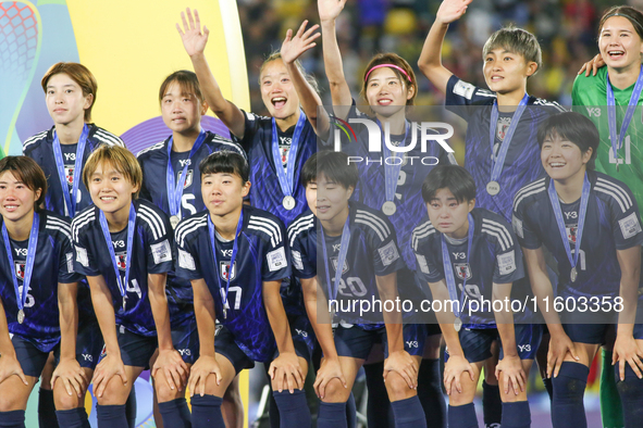 Players of Japan pose for a team photo with the second place medals after the FIFA U-20 Women's World Cup Colombia 2024 Final match between...