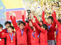 Players of Korea DPR celebrate after winning the FIFA U-20 Women's World Cup Colombia 2024 Final match between Korea DPR and Japan at Estadi...