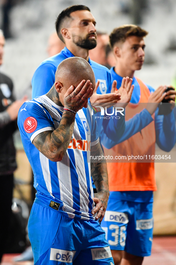 Ionut Alexandru Mitrita reacts during the match between Universitatea Cluj and Universitatea Craiova at Cluj Arena Stadium in Cluj, Romania,...