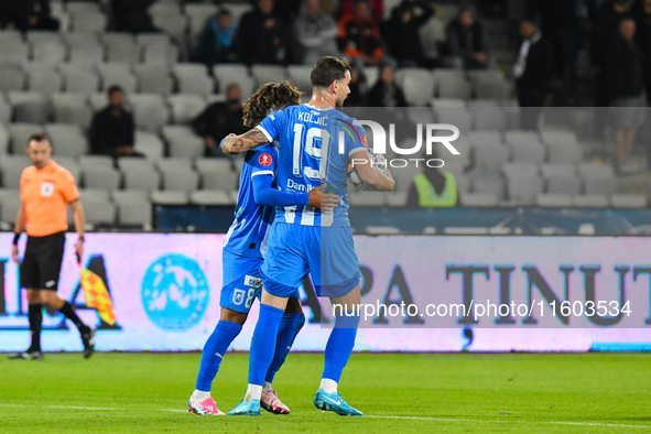 Takuto Oshima and Elvir Koljic celebrate during the match between Universitatea Cluj and Universitatea Craiova at Cluj Arena Stadium in Cluj...