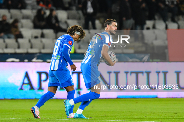 Takuto Oshima and Elvir Koljic celebrate during the match between Universitatea Cluj and Universitatea Craiova at Cluj Arena Stadium in Cluj...