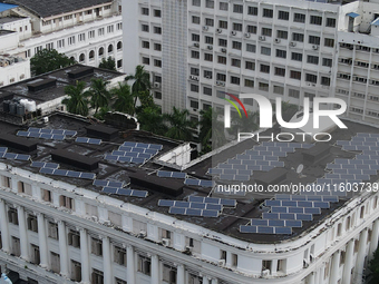 Solar panels are installed on Calcutta University in Kolkata, India, on September 21, 2024. (