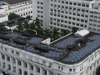 Solar panels are installed on Calcutta University in Kolkata, India, on September 21, 2024. (