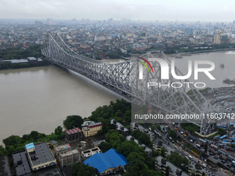 The aerial view of Howrah Bridge over the Hooghly River in Kolkata, India, on September 21, 2024. (