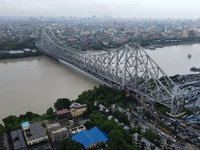 The aerial view of Howrah Bridge over the Hooghly River in Kolkata, India, on September 21, 2024. (