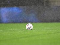 The ball in the rain before the Italian Serie A football match between Atalanta BC and Calcio Como in Bergamo, Italy, on September 23, 2024,...