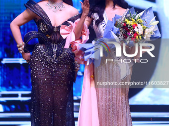 In Jaipur, Rajasthan, India, on September 22, 2024, Miss Universe India 2015 and Bollywood actor Urvashi Rautela crowns Rhea Singha as Miss...