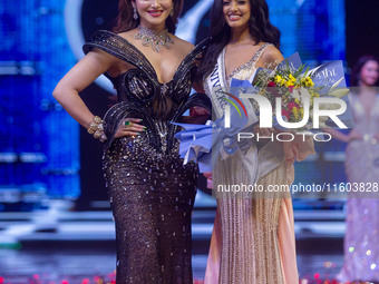 In Jaipur, Rajasthan, India, on September 22, 2024, Miss Universe India 2015 and Bollywood actor Urvashi Rautela crowns Rhea Singha as Miss...