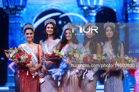 Miss Universe India 2024 Rhea Singha stands with the runner-up in Jaipur, Rajasthan, India, on September 22, 2024. 