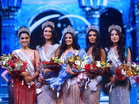 Miss Universe India 2024 Rhea Singha stands with the runner-up in Jaipur, Rajasthan, India, on September 22, 2024. (