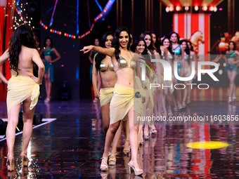 Contestants walk the ramp during the grand finale of Miss Universe India 2024 in Jaipur, Rajasthan, India, on September 22, 2024. (