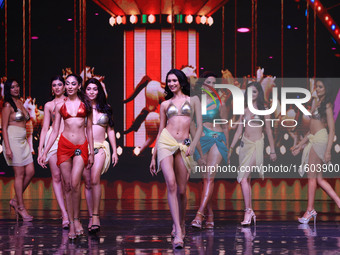 Contestants walk the ramp during the grand finale of Miss Universe India 2024 in Jaipur, Rajasthan, India, on September 22, 2024. (