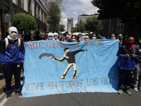 Colleagues of the 43 missing students from Ayotzinapa protest outside the Ministry of the Interior in Mexico City, Mexico, on September 23,...