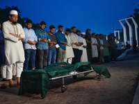 People perform the funeral prayer for Junaid Islam Ratul at the Central Shaheed Minar in Dhaka, Bangladesh, on September 23, 2024. Ratul, wh...