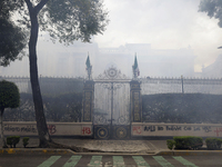 Colleagues of the 43 missing students from Ayotzinapa fire rockets on Monday, September 23, 2024, outside the Ministry of the Interior in Me...