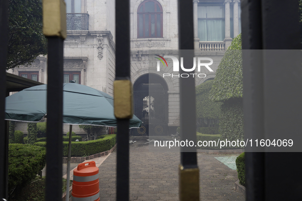 View after the detonation of rockets by comrades of the 43 missing students from Ayotzinapa, outside the Ministry of the Interior in Mexico...