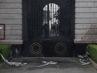 View after the detonation of rockets by comrades of the 43 missing students from Ayotzinapa, outside the Ministry of the Interior in Mexico...