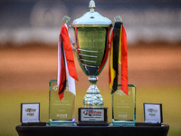 The Premiership Trophy and mementos are on display during the Rowe Motor Oil Premiership Grand Final 1st Leg between Belle Vue Aces and Leic...