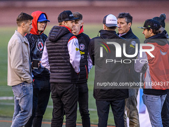 The Belle Vue ATPI Aces team meets during the Rowe Motor Oil Premiership Grand Final 1st Leg between Belle Vue Aces and Leicester Lions at t...