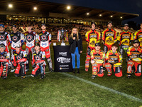 The teams line up for the TV cameras during the Rowe Motor Oil Premiership Grand Final 1st Leg between Belle Vue Aces and Leicester Lions at...