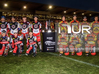 Both teams with the trophy during the Rowe Motor Oil Premiership Grand Final 1st Leg between Belle Vue Aces and Leicester Lions at the Natio...