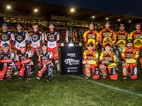 Both teams with the trophy during the Rowe Motor Oil Premiership Grand Final 1st Leg between Belle Vue Aces and Leicester Lions at the Natio...