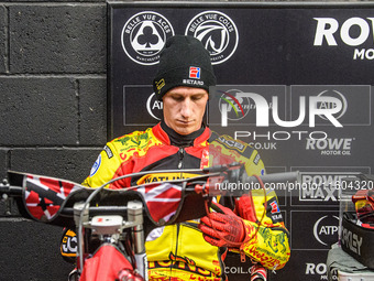 Leicester Lions' Max Fricke participates in the Rowe Motor Oil Premiership Grand Final 1st Leg between Belle Vue Aces and Leicester Lions at...