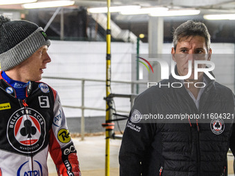 Belle Vue Aces' Dan Bewley (left) with Belle Vue Aces' Team Manager Mark Lemon during the Rowe Motor Oil Premiership Grand Final 1st Leg bet...