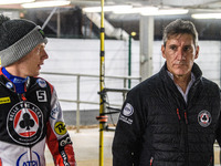 Belle Vue Aces' Dan Bewley (left) with Belle Vue Aces' Team Manager Mark Lemon during the Rowe Motor Oil Premiership Grand Final 1st Leg bet...