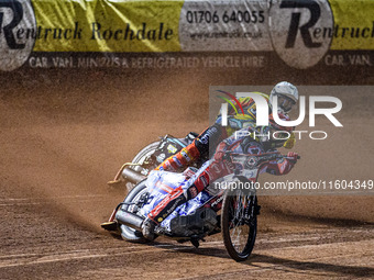 Belle Vue Aces' Dan Bewley in red leads Leicester Lions' Ryan Douglas in white during the Rowe Motor Oil Premiership Grand Final 1st Leg bet...