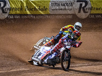 Belle Vue Aces' Dan Bewley in red leads Leicester Lions' Ryan Douglas in white during the Rowe Motor Oil Premiership Grand Final 1st Leg bet...