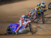 Dan Bewley of Belle Vue Aces in red leads Ryan Douglas of Leicester Lions in white and Jake Mulford of Belle Vue Aces in blue during the Row...