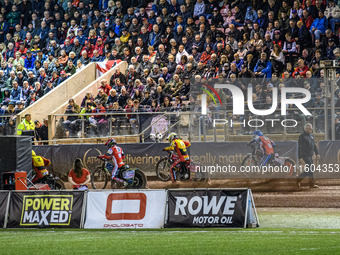 A full grandstand watches the start of Heat 5 during the Rowe Motor Oil Premiership Grand Final 1st Leg between Belle Vue Aces and Leicester...