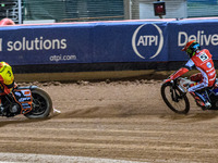 Belle Vue Aces' Dan Bewley in red chases Leicester Lions' Sam Masters in white during the Rowe Motor Oil Premiership Grand Final 1st Leg bet...