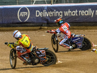 Belle Vue Aces' Dan Bewley in red passes Leicester Lions' Sam Masters in white during the Rowe Motor Oil Premiership Grand Final 1st Leg bet...