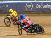 Belle Vue Aces' Antti Vuolas in blue chases Leicester Lions' Luke Becker during the Rowe Motor Oil Premiership Grand Final 1st Leg between B...