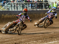 Belle Vue Aces' Jaimon Lidsey in red leads Belle Vue Aces' guest rider Niels K. Iversen in blue during the Rowe Motor Oil Premiership Grand...